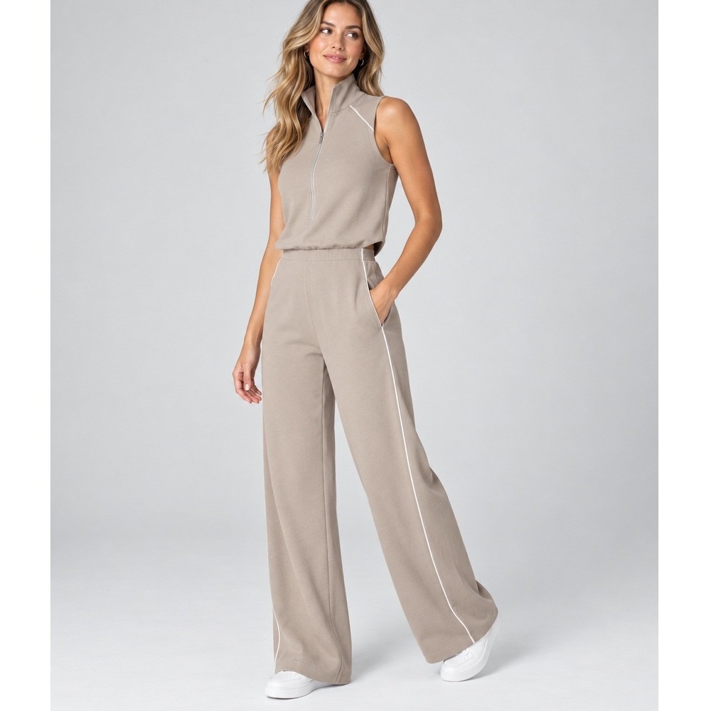 NWT Spanx AirEssentials Sleeveless Jumpsuit Womens Large Beige Wide Leg Zip